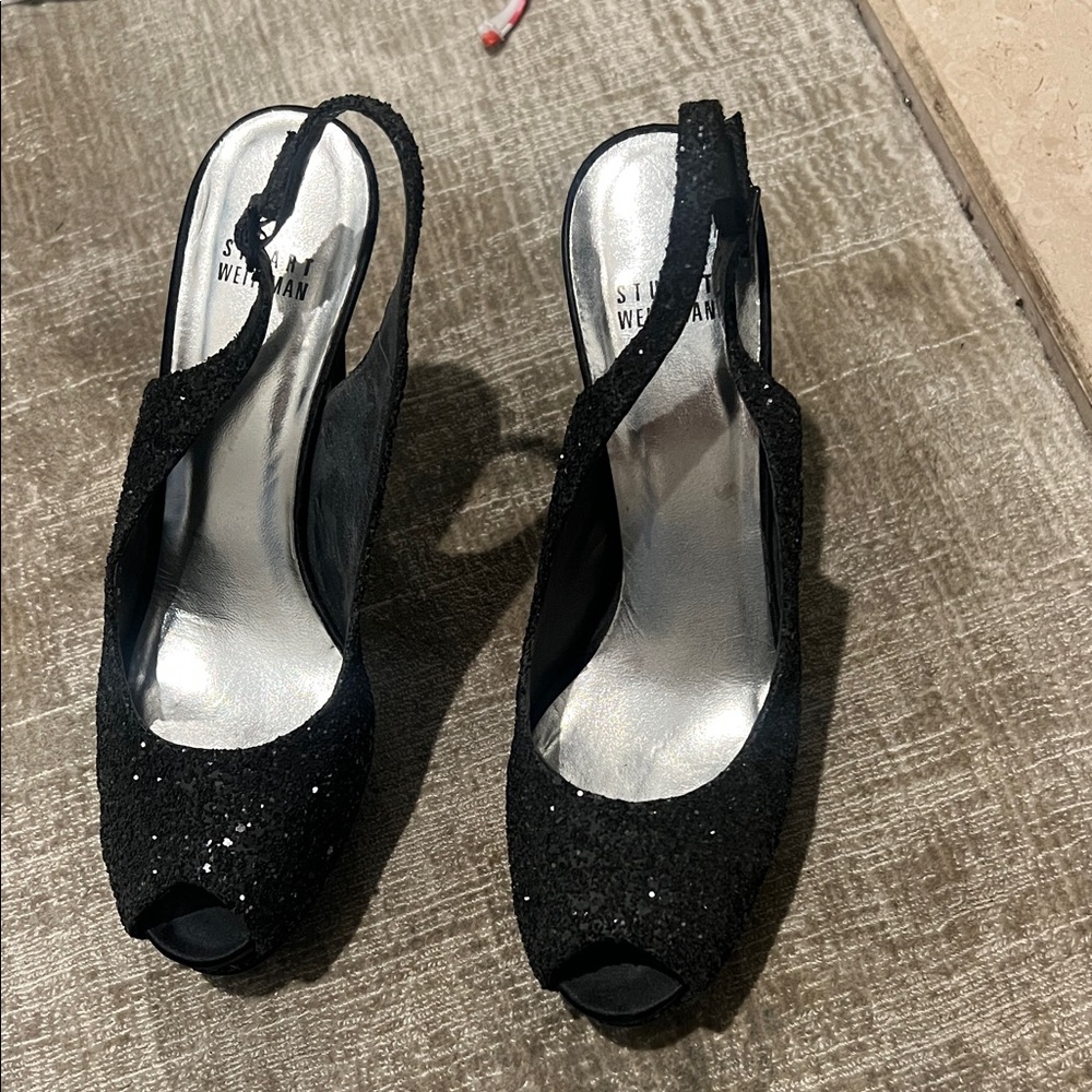 Stuart Weitzman Black Glitter Peep-Toe Heels